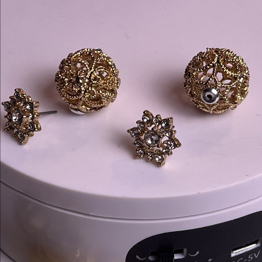 Elegant Gold tone Filagree Floral rhinestone Double Sided Earrings